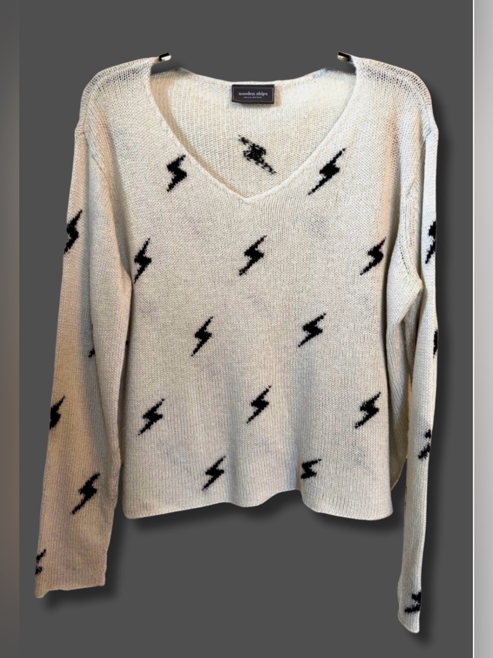 Wooden Ships Lightning Bolt Sweater Mohair Wool Blend Beige Black V Neck S/M